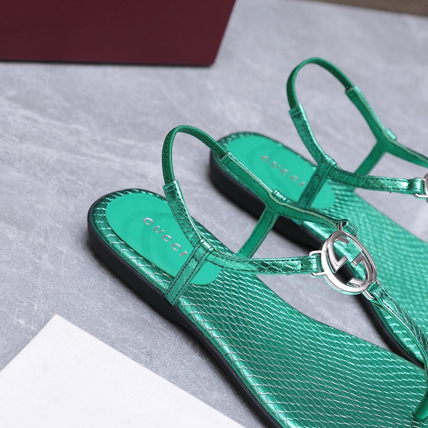 GG Thong Sandal With Interlocking G Teal Green Snakeskin 864292