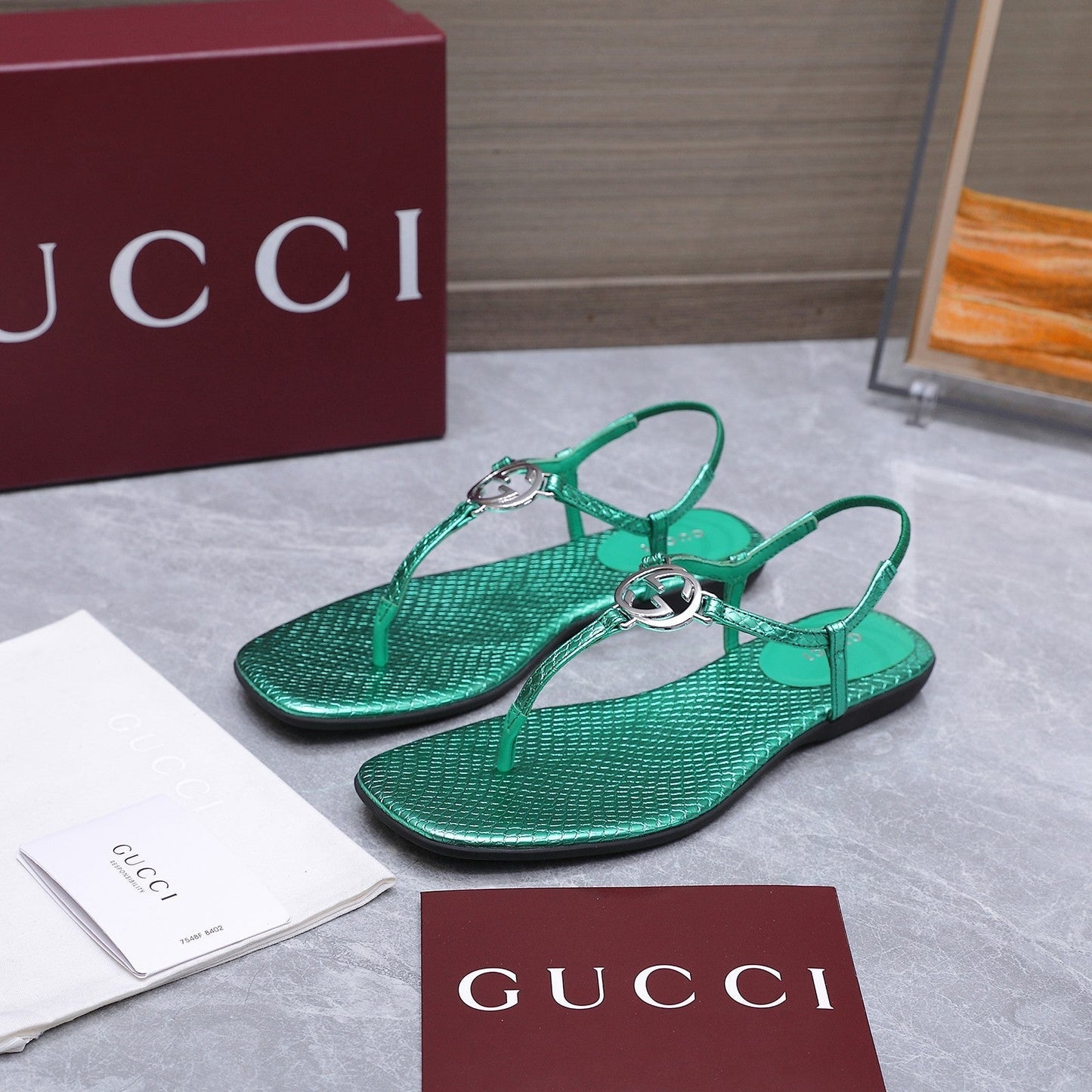 GG Thong Sandal With Interlocking G Teal Green Snakeskin 864292