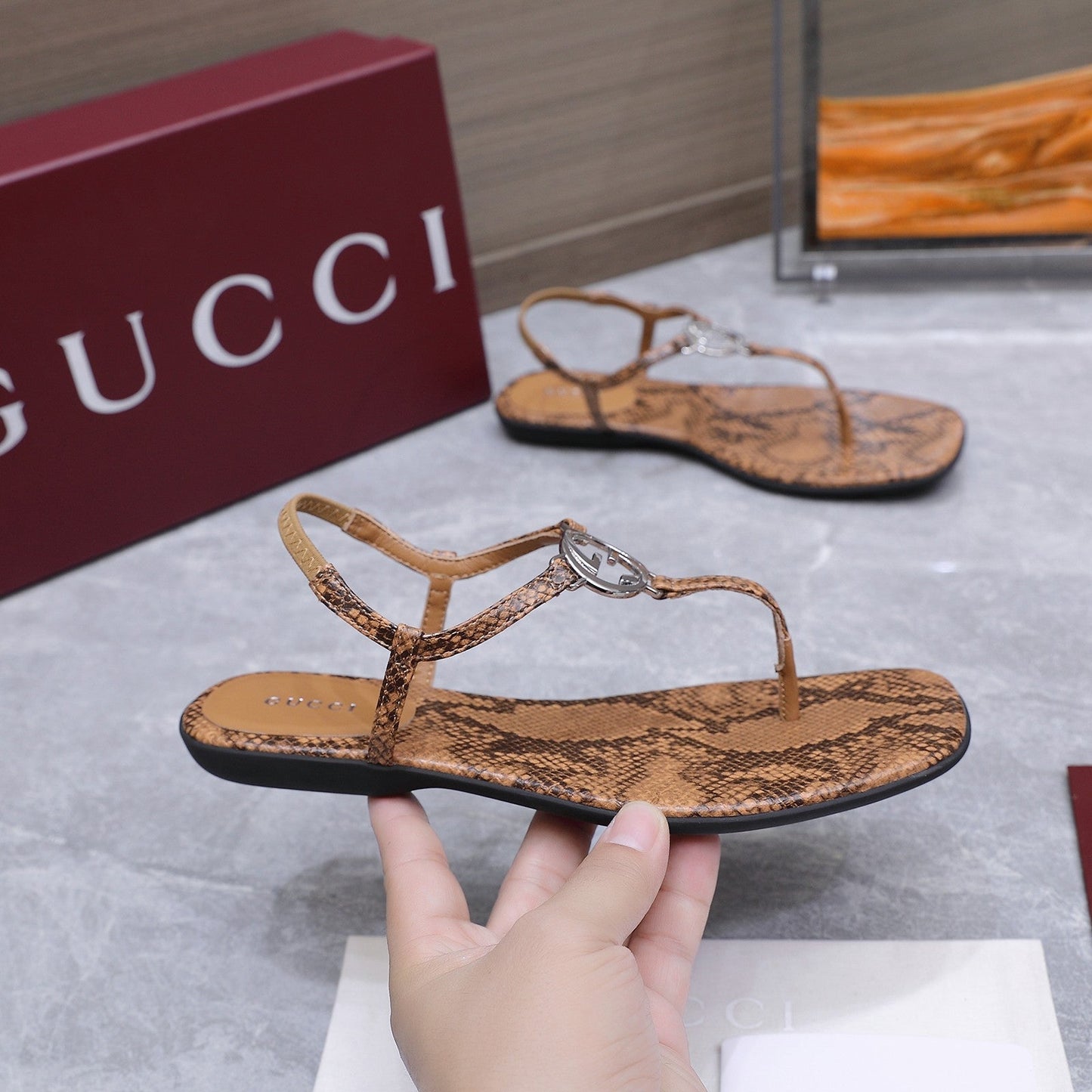 GG Thong Sandal With Interlocking G Brown Snakeskin 864293