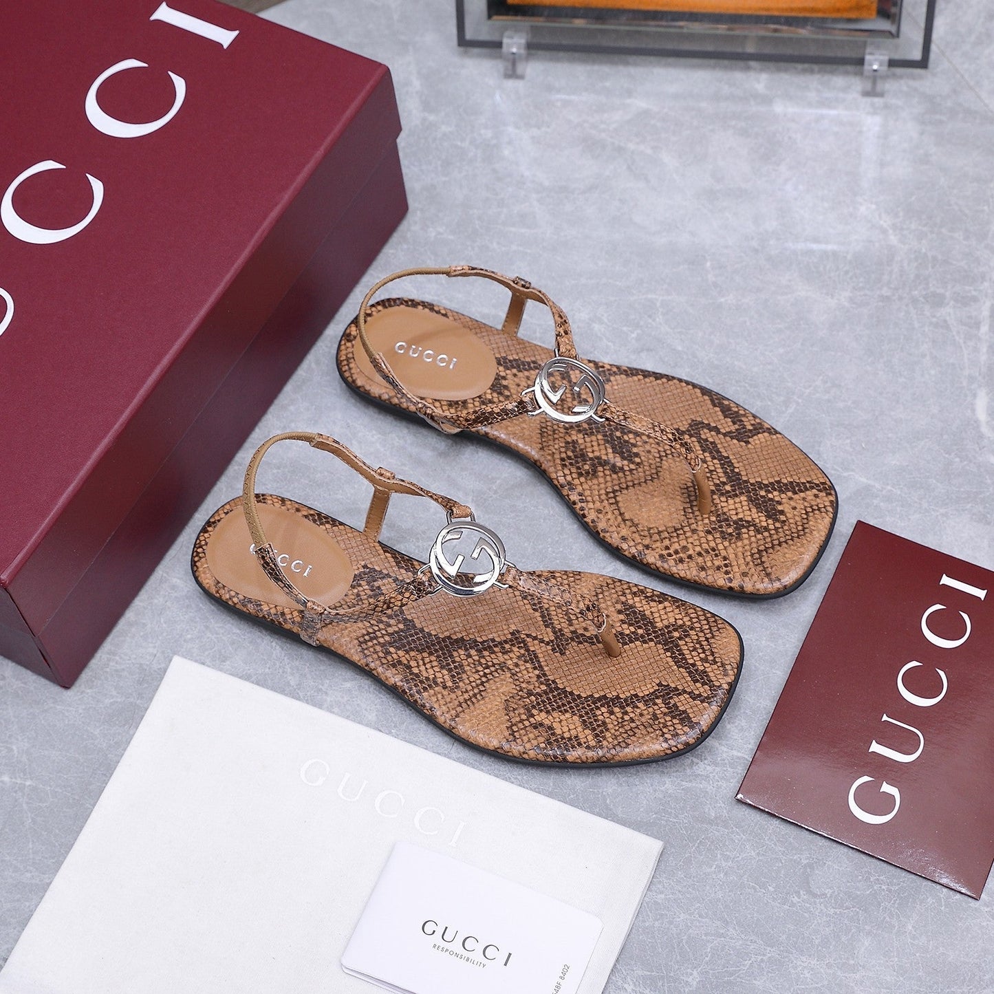 GG Thong Sandal With Interlocking G Brown Snakeskin 864293