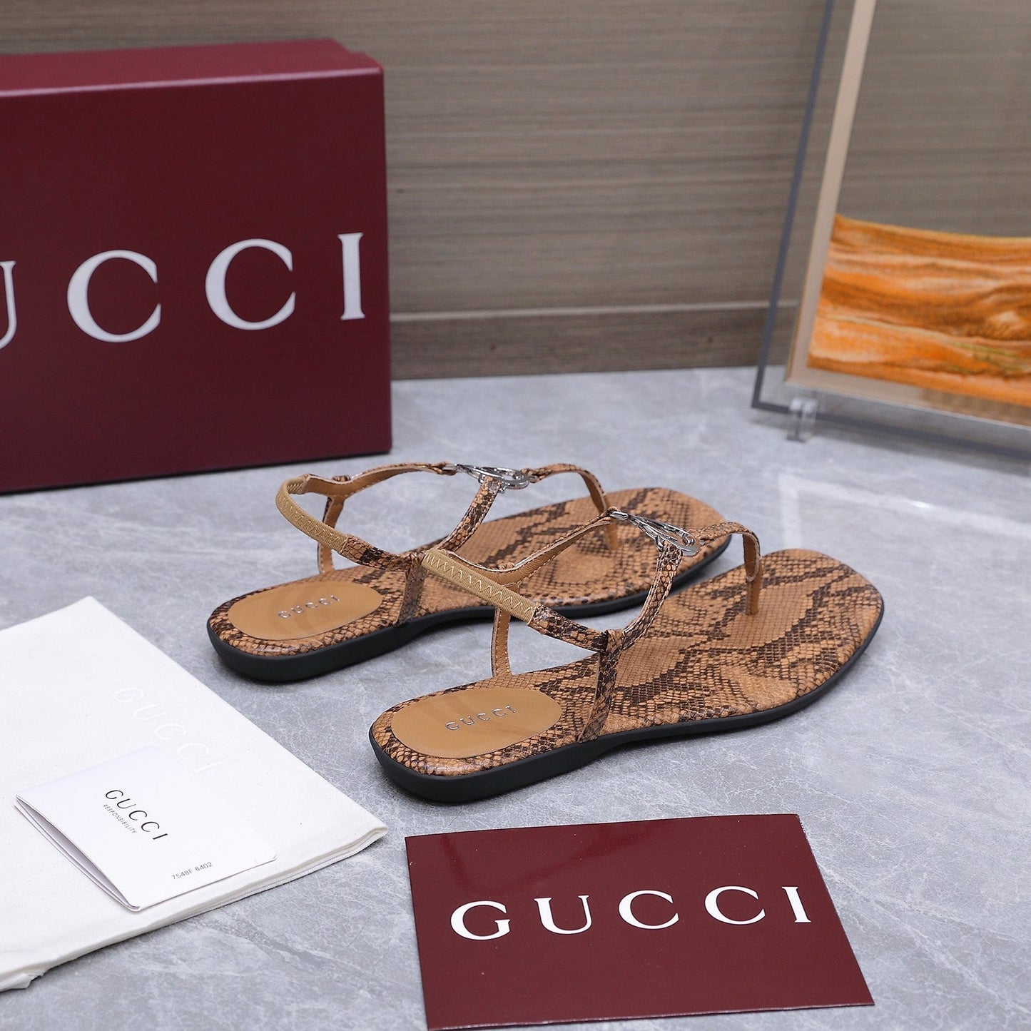 GG Thong Sandal With Interlocking G Brown Snakeskin 864293