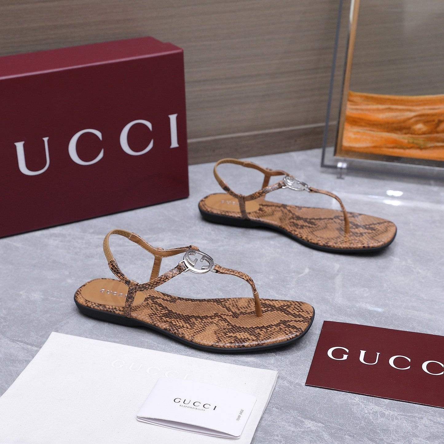 GG Thong Sandal With Interlocking G Brown Snakeskin 864293