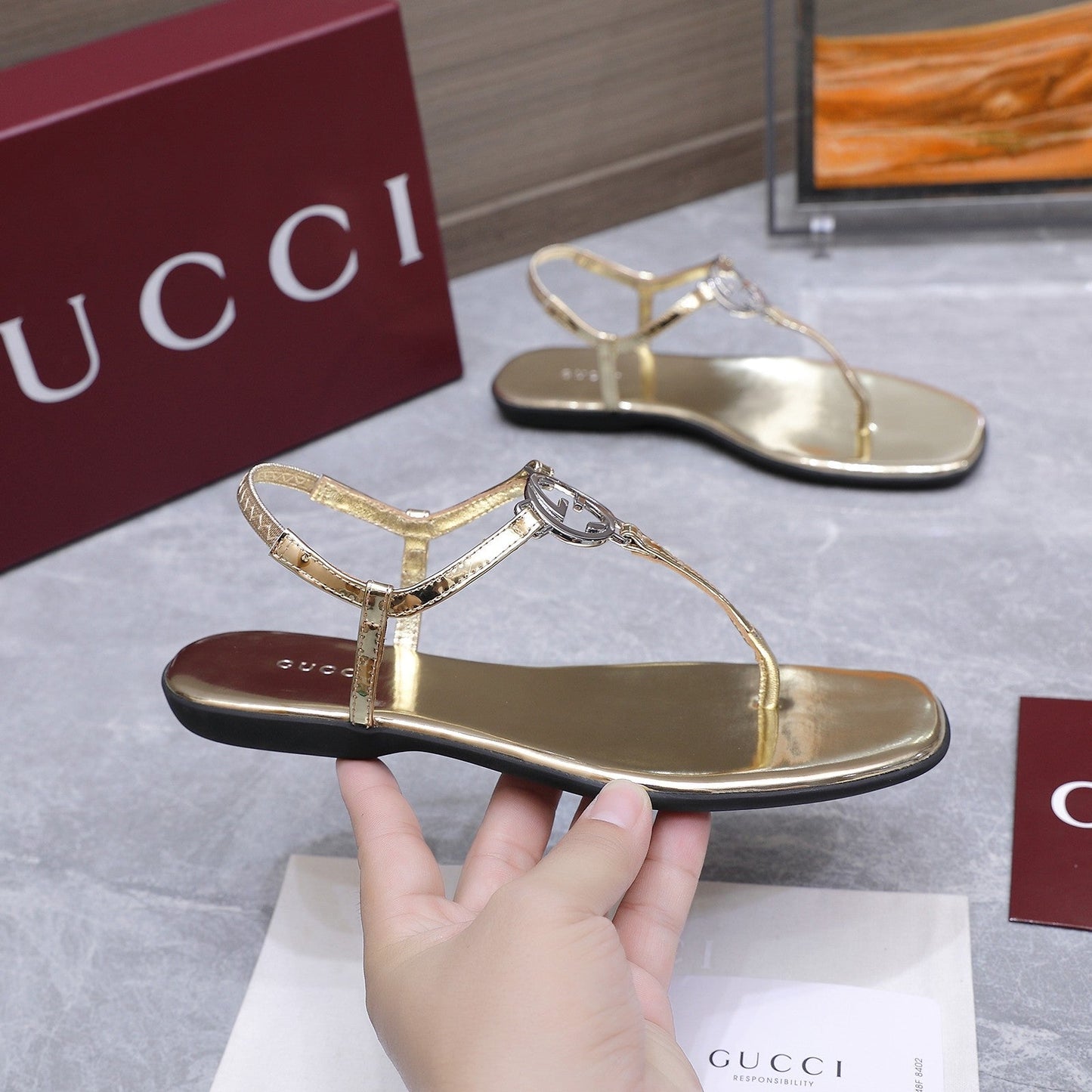 GG Thong Sandal With Interlocking G Gold Sheepskin 864295