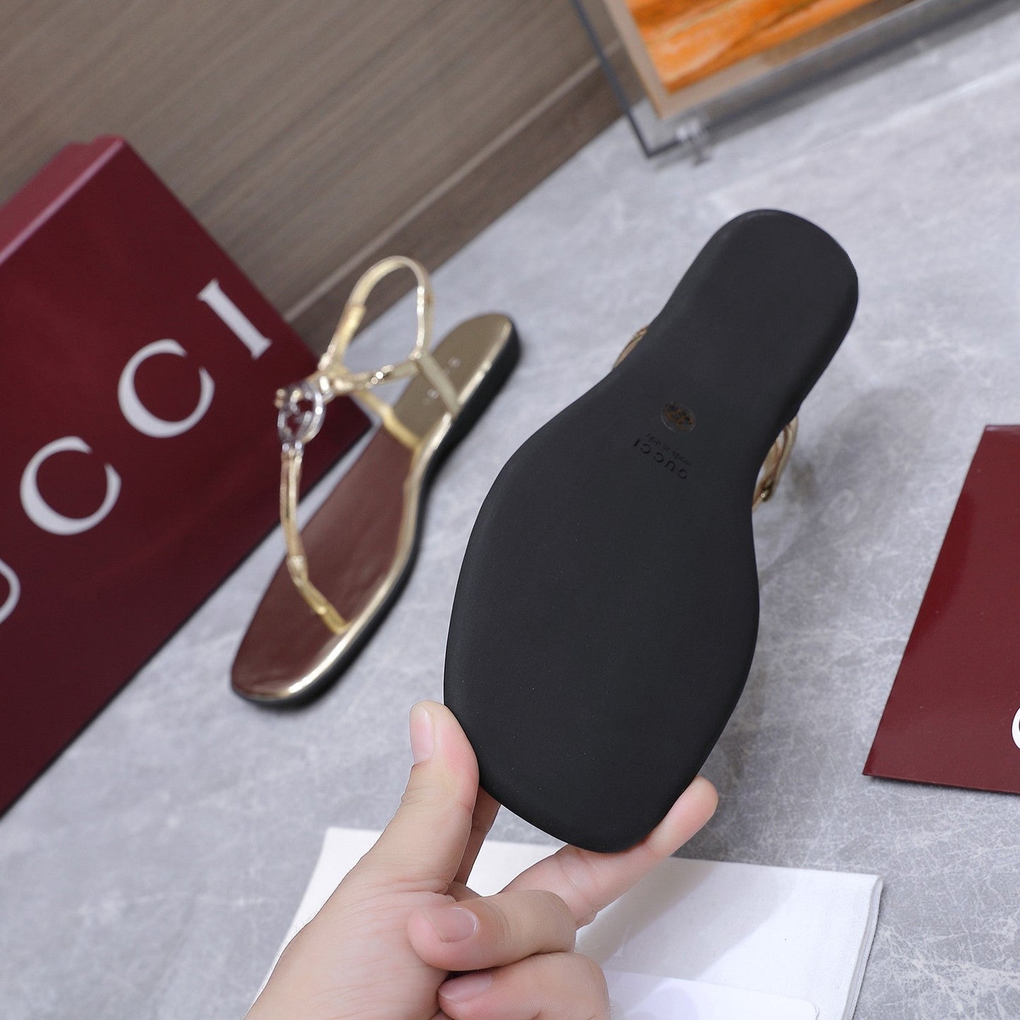 GG Thong Sandal With Interlocking G Gold Sheepskin 864295