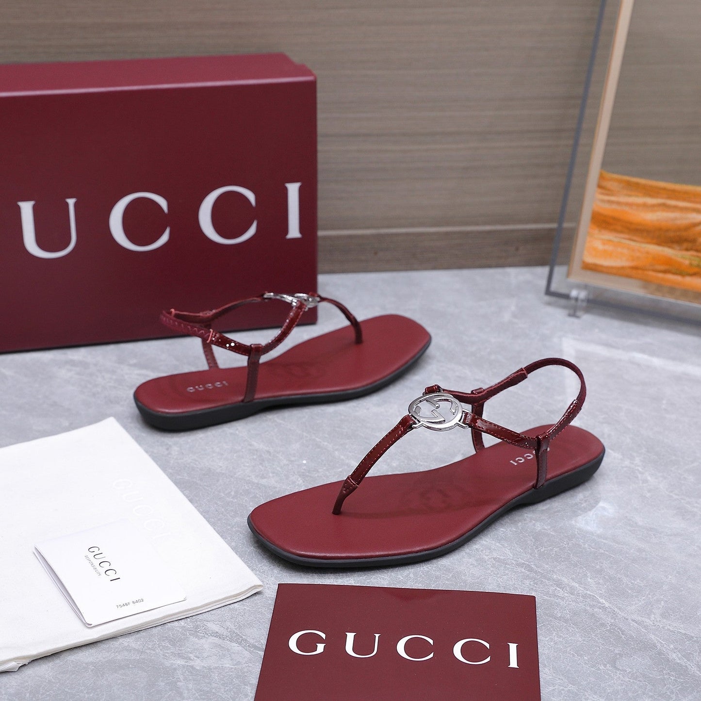 GG Thong Sandal With Interlocking G Burgundy Sheepskin 864297