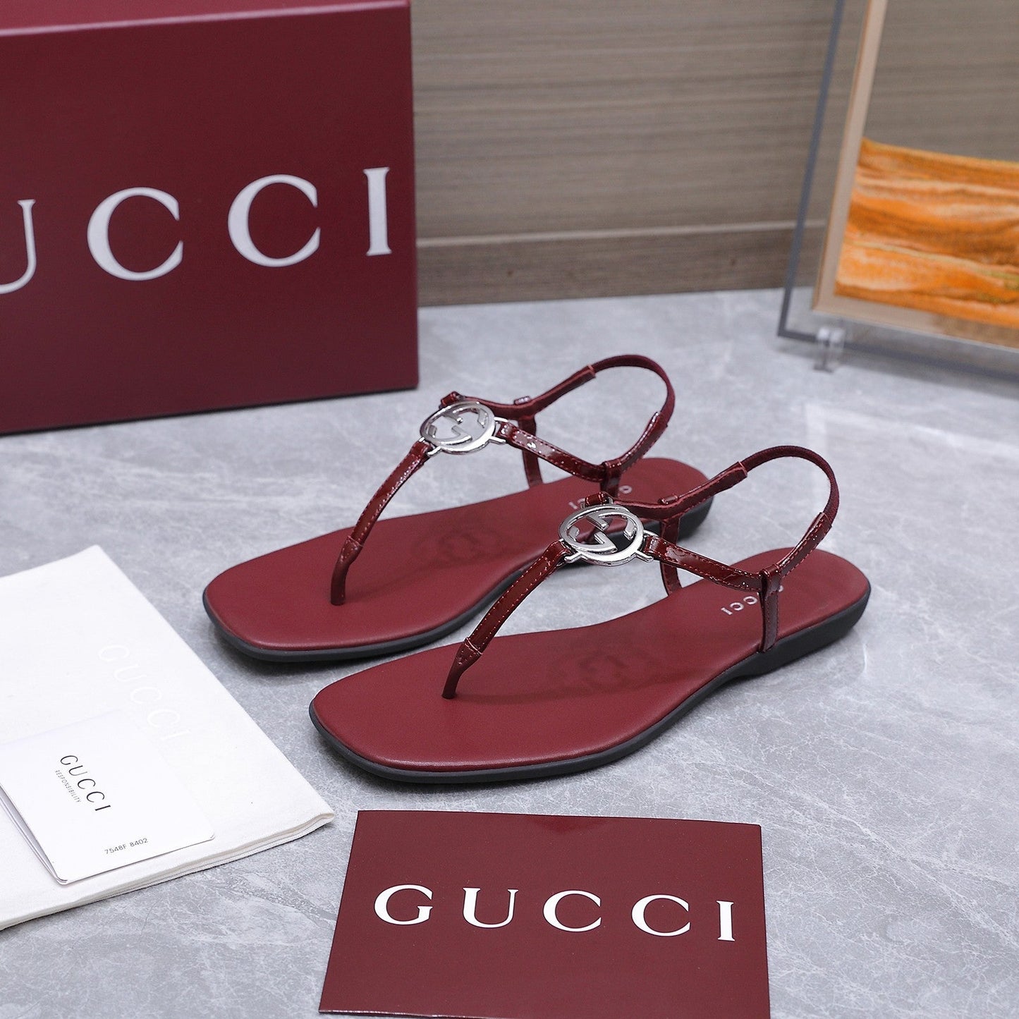 GG Thong Sandal With Interlocking G Burgundy Sheepskin 864297