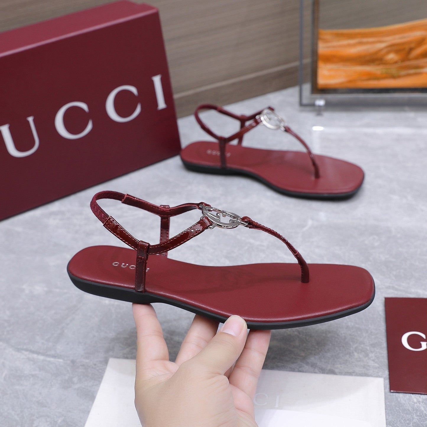 GG Thong Sandal With Interlocking G Burgundy Sheepskin 864297