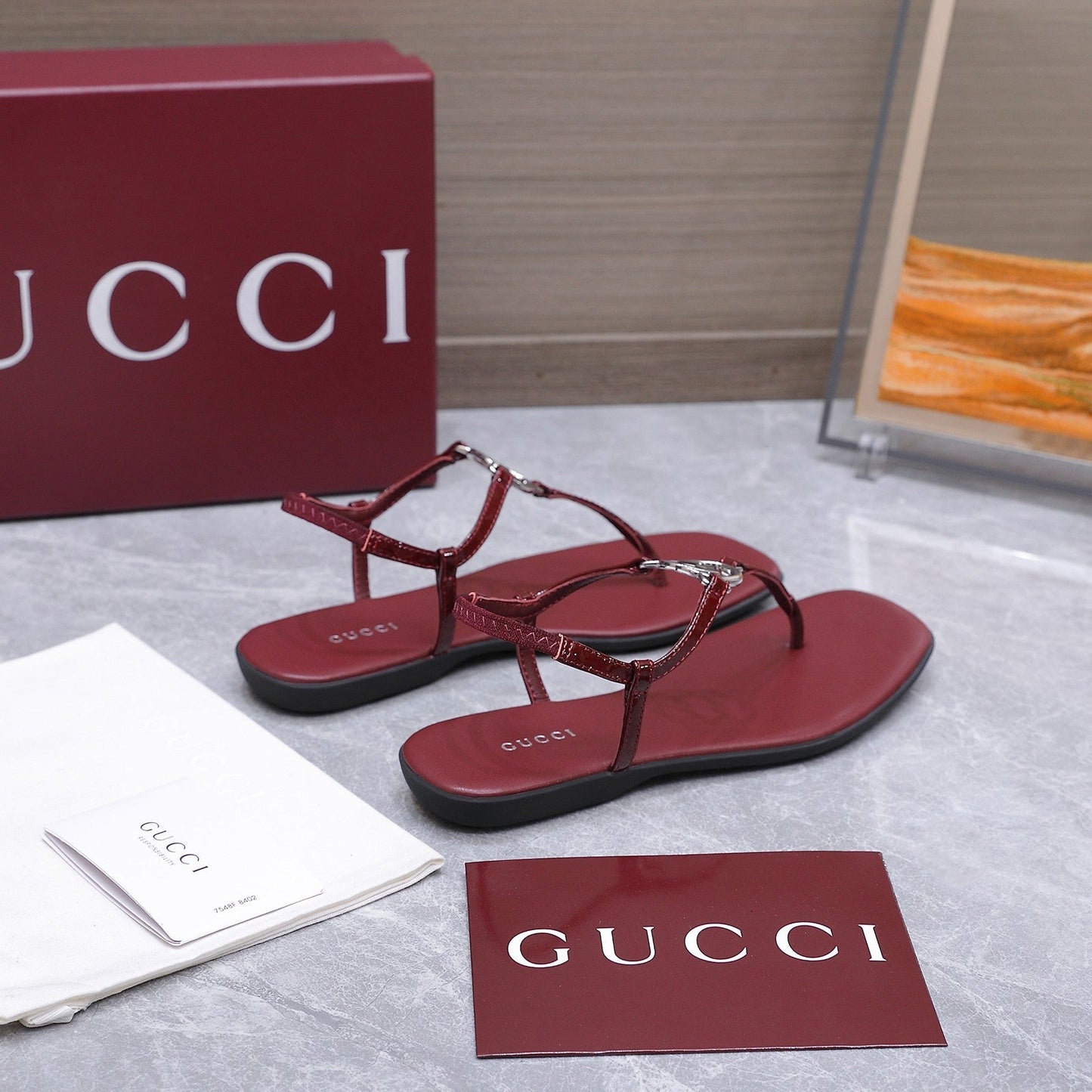 GG Thong Sandal With Interlocking G Burgundy Sheepskin 864297