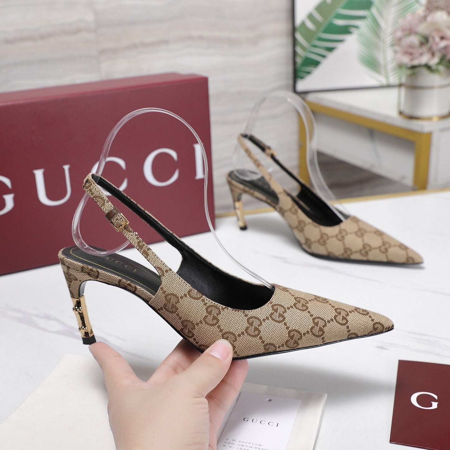 GG Castello Slingback 7.5cm Beige Canvas 864299
