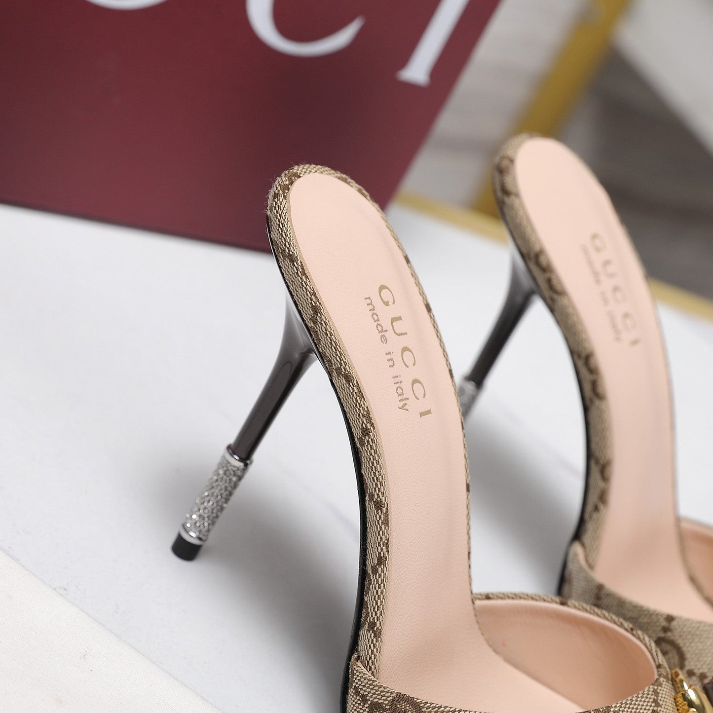 GG 26s Mules Crystal-Embellished Stiletto Heels Beige Canvas 961231