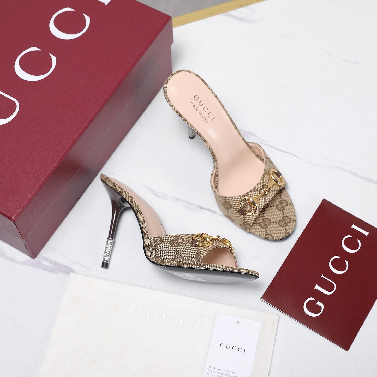 GG 26s Mules Crystal-Embellished Stiletto Heels Beige Canvas 961231
