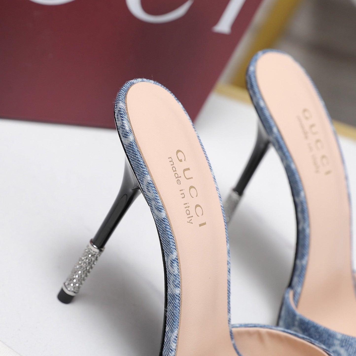 GG 26s Mules Crystal-Embellished Stiletto Heels Blue Canvas 961232