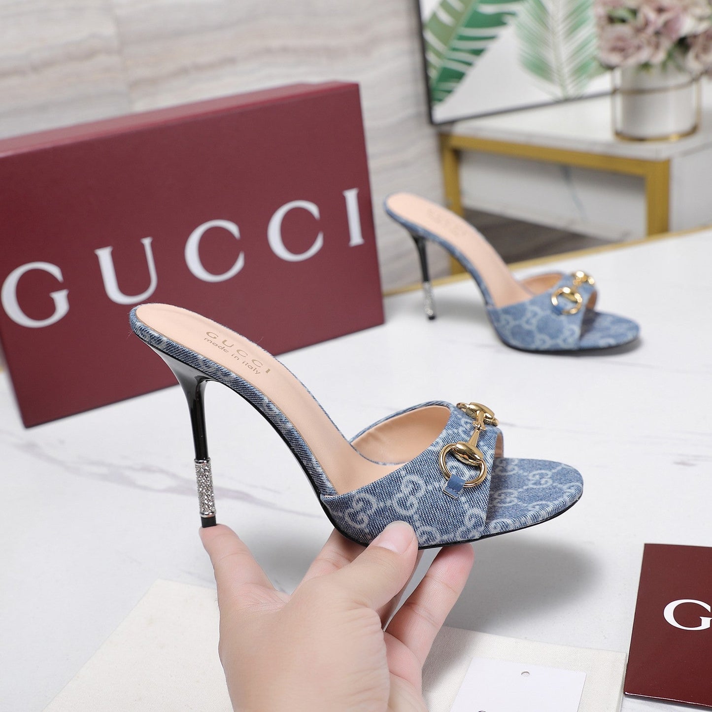 GG 26s Mules Crystal-Embellished Stiletto Heels Blue Canvas 961232