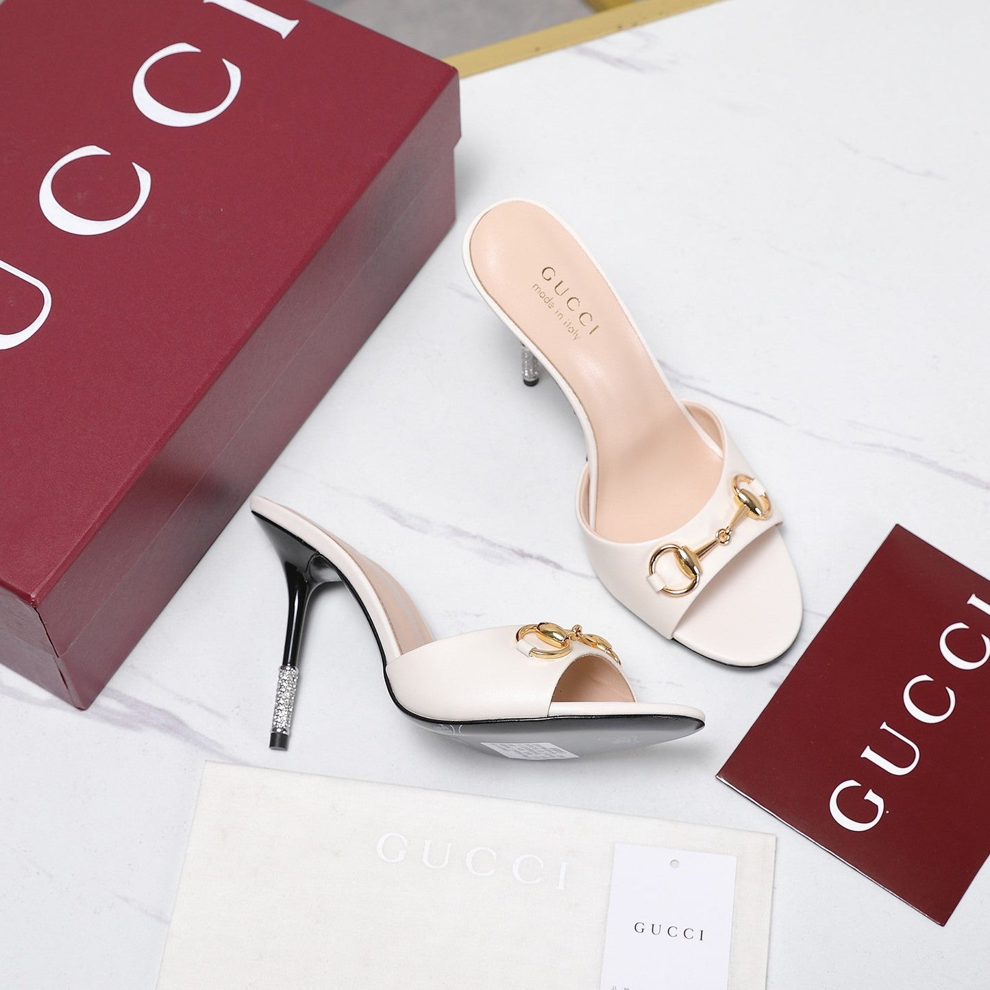 GG 26s Mules Crystal-Embellished Stiletto Heels White Calfskin 961234