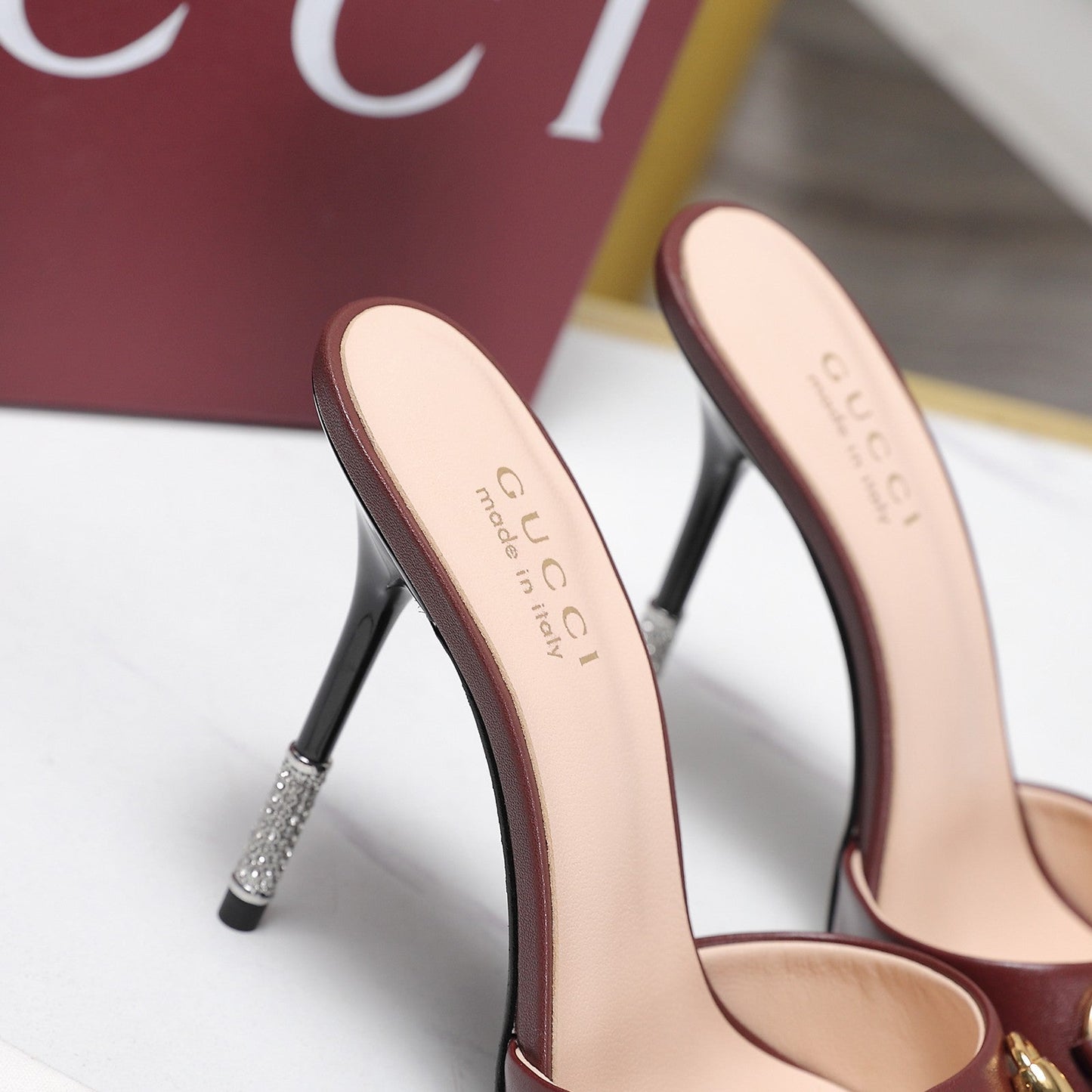 GG 26s Mules Crystal-Embellished Stiletto Heels Burgundy Calfskin 961236