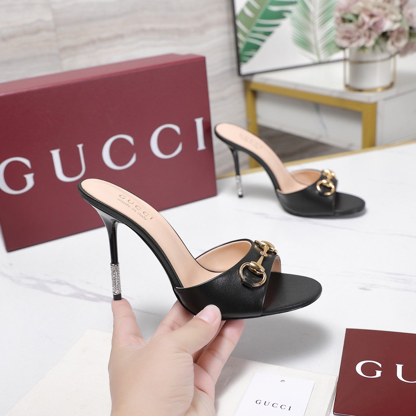 GG 26s Mules Crystal-Embellished Stiletto Heels Black Calfskin 961237