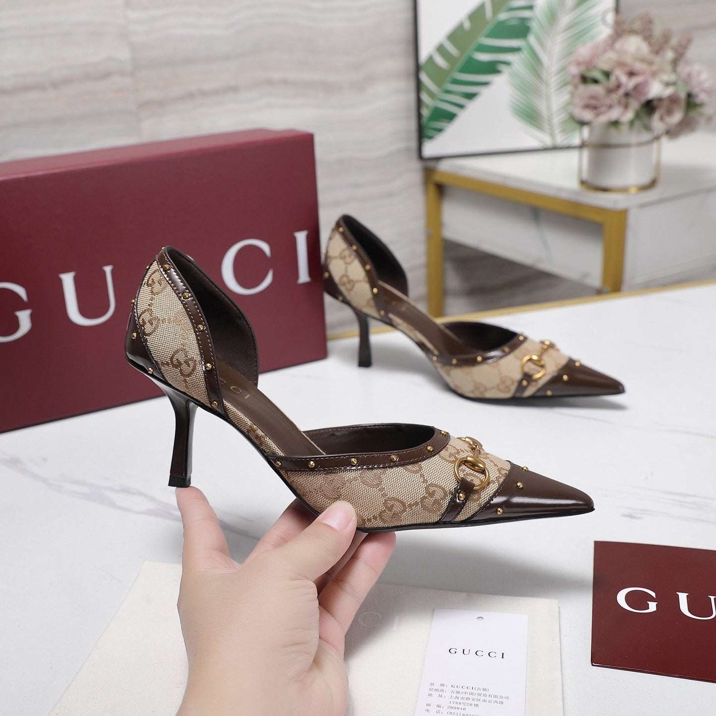 GG 26s Savoy Pumps Brown Beige Lambskin Canvas 961239