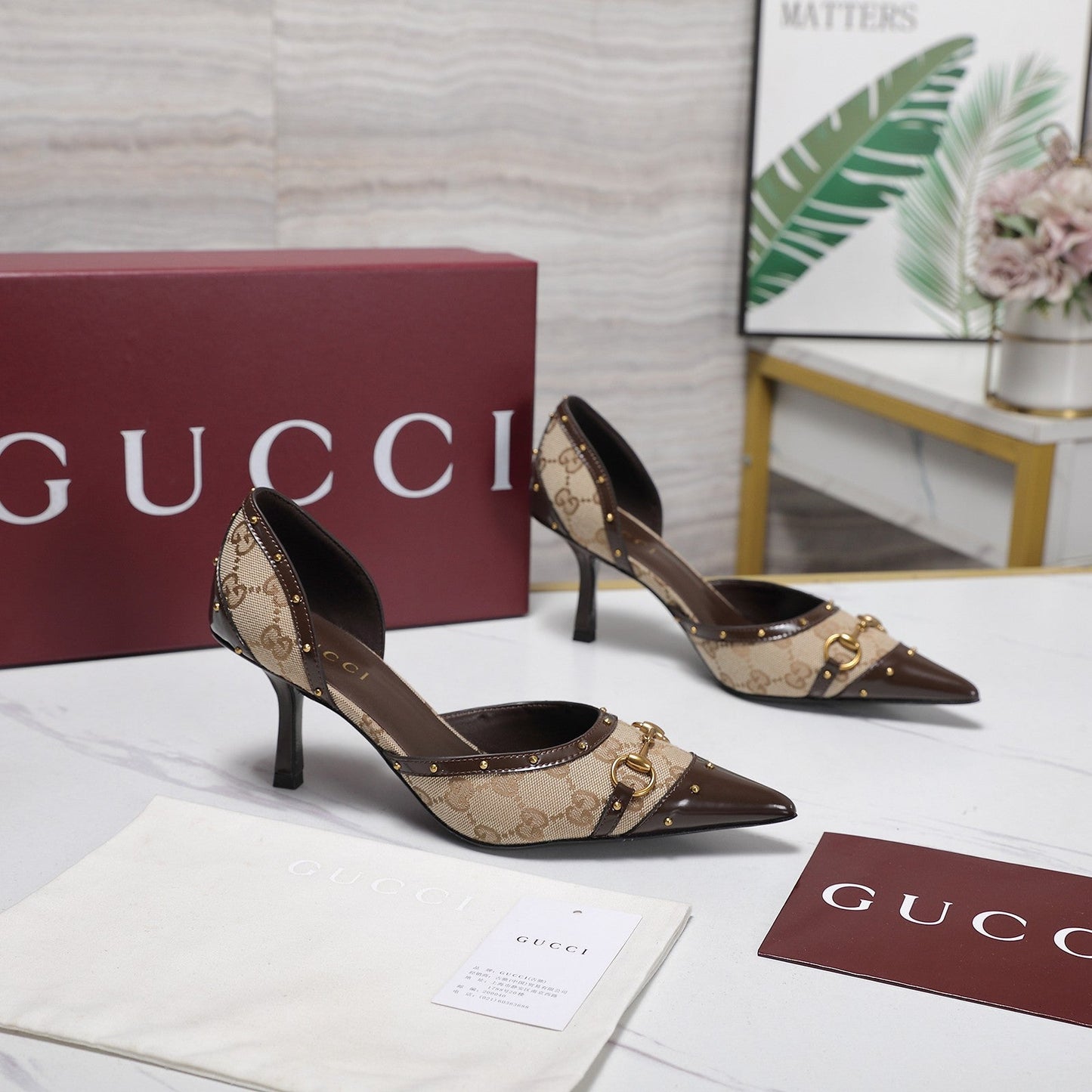 GG 26s Savoy Pumps Brown Beige Lambskin Canvas 961239