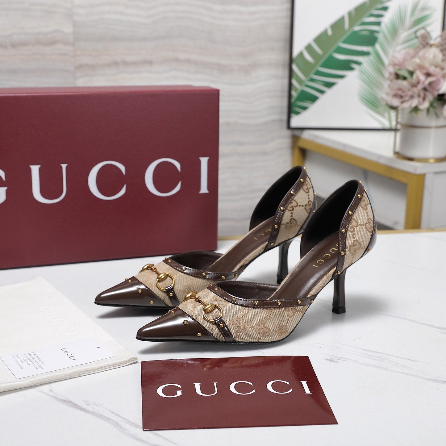 GG 26s Savoy Pumps Brown Beige Lambskin Canvas 961239