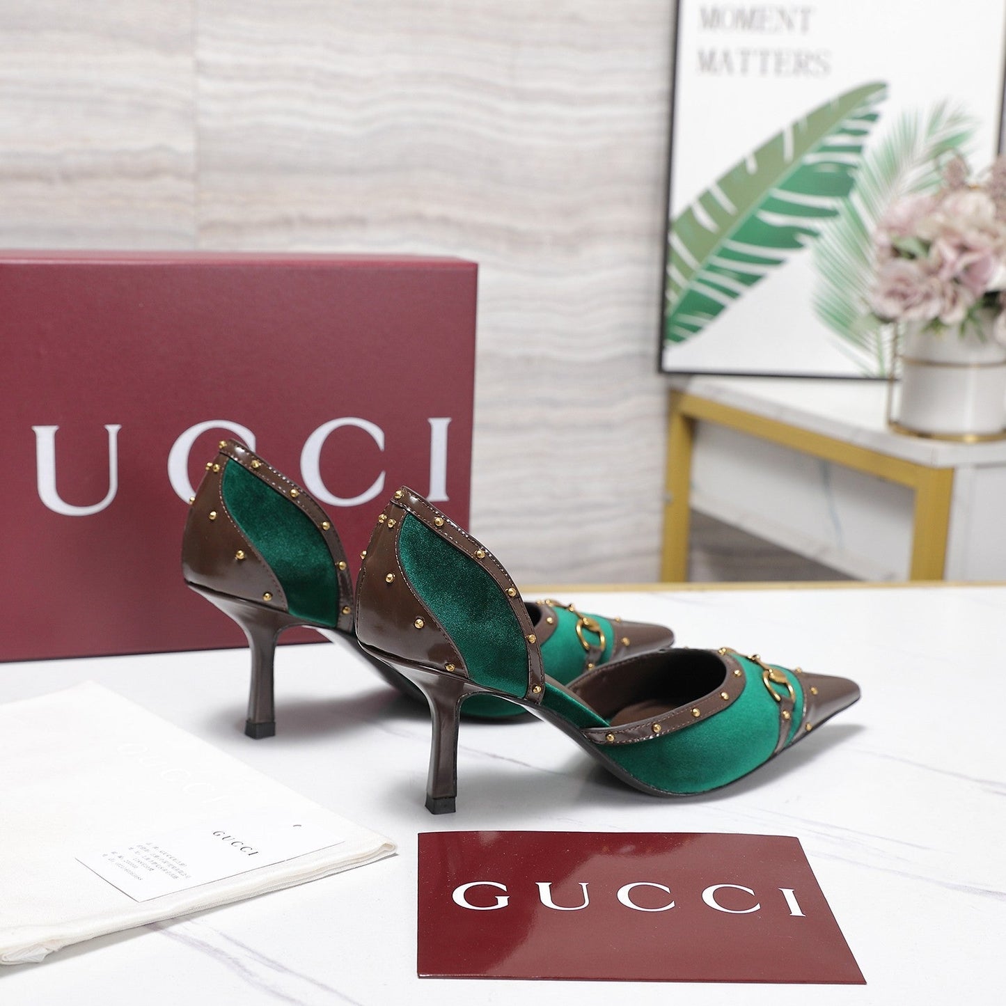 GG 26s Savoy Pumps Brown Green Lambskin Velvet 961242