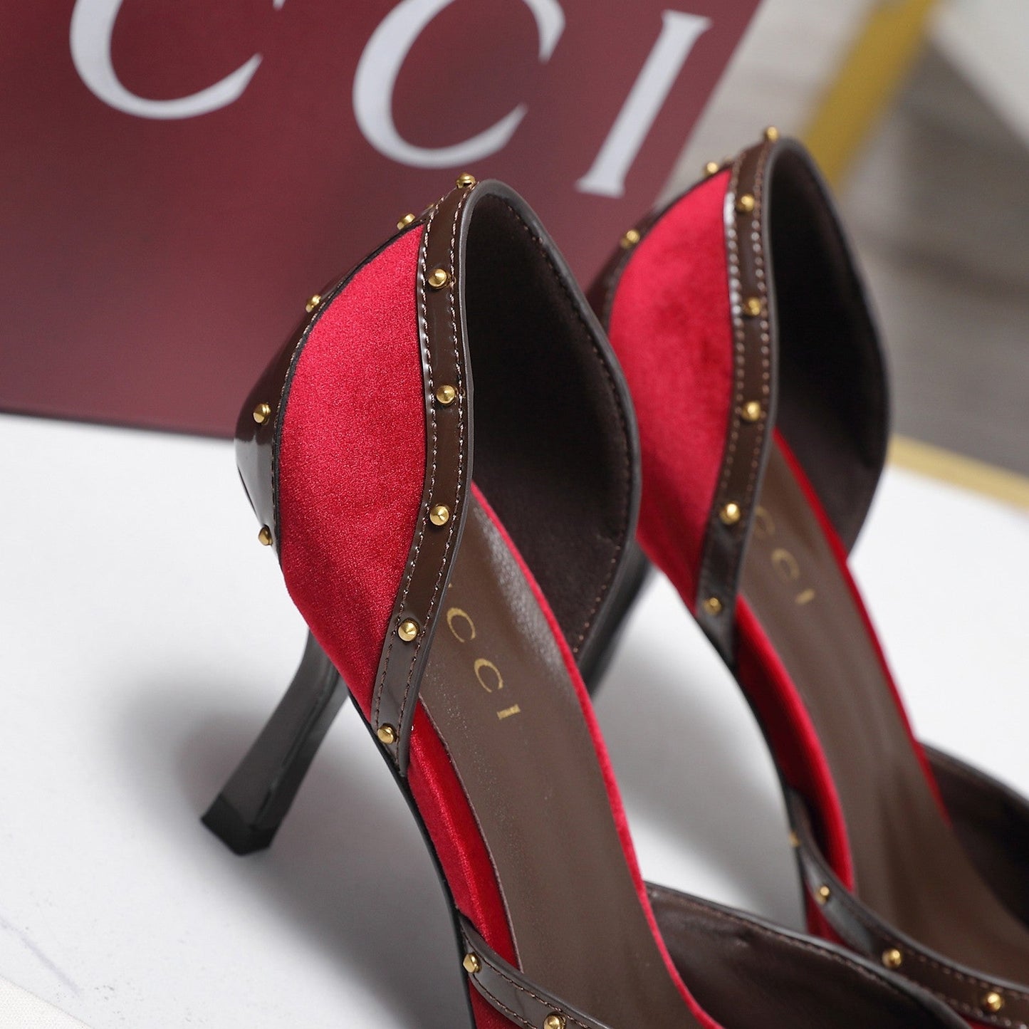 GG 26s Savoy Pumps Brown Red Lambskin Velvet 961243
