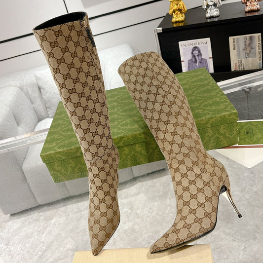 GG 2026 High-Heeled Boot Beige Canvas Leather 953419