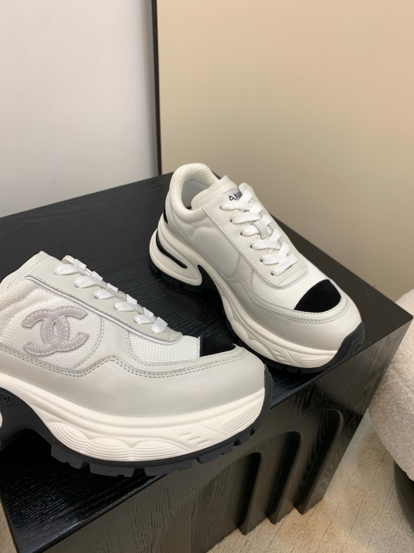 Chanel Sneakers Gray Black Leather And Mesh Fabric 537187