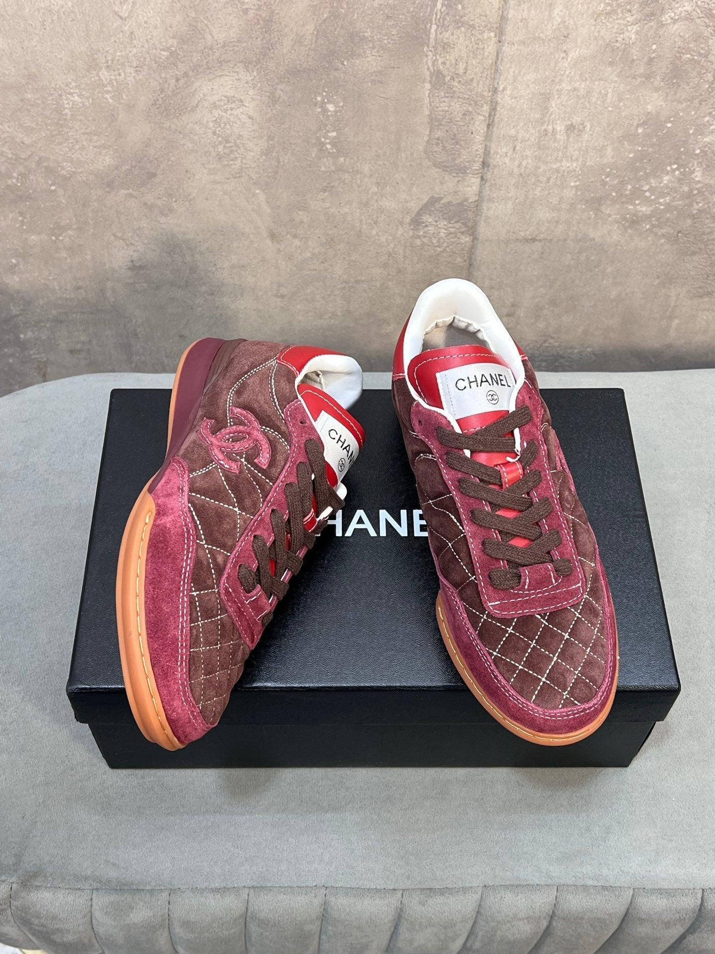 Chanel 26s Sneakers In Dark Brown And Burgundy Red Suede Quilted Cc Logo