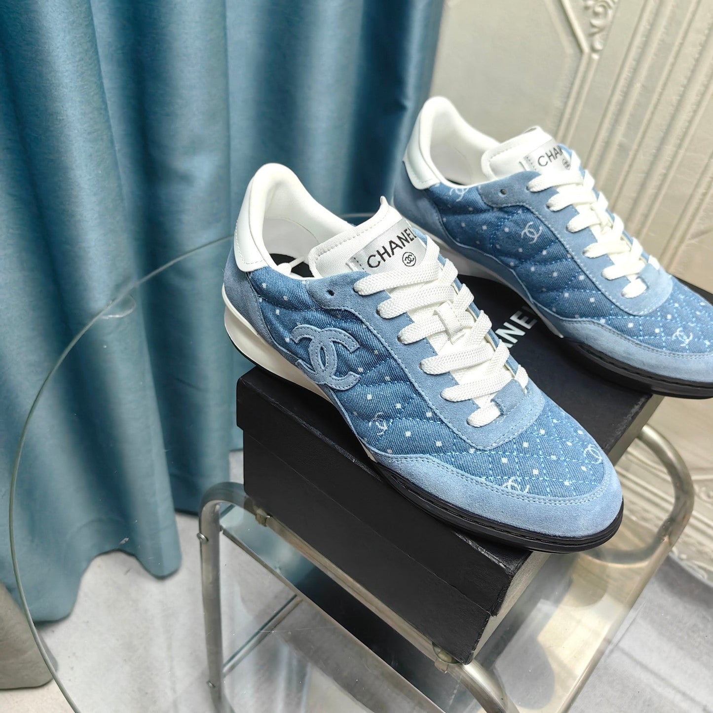 CC Sneaker Blue Quilted Denim Fabric And Suede