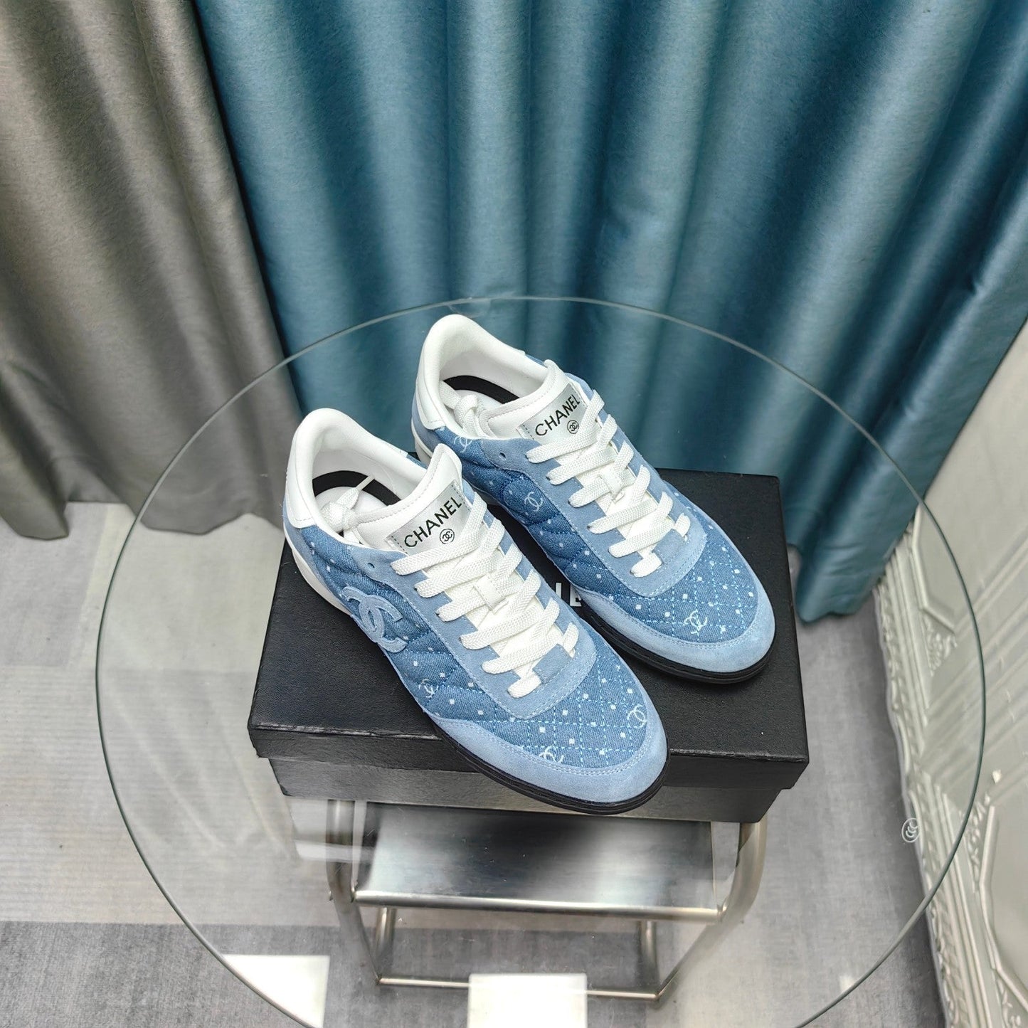 CC Sneaker Blue Quilted Denim Fabric And Suede