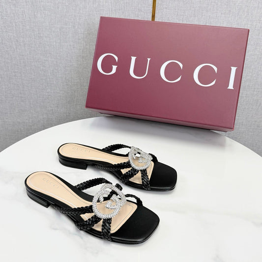 GG 26s Slippers With Crystal Interlocking G Black Leather 639929