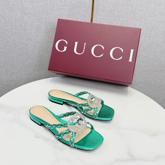 GG 26s Slippers With Crystal Interlocking G Teal Green Leather 639931