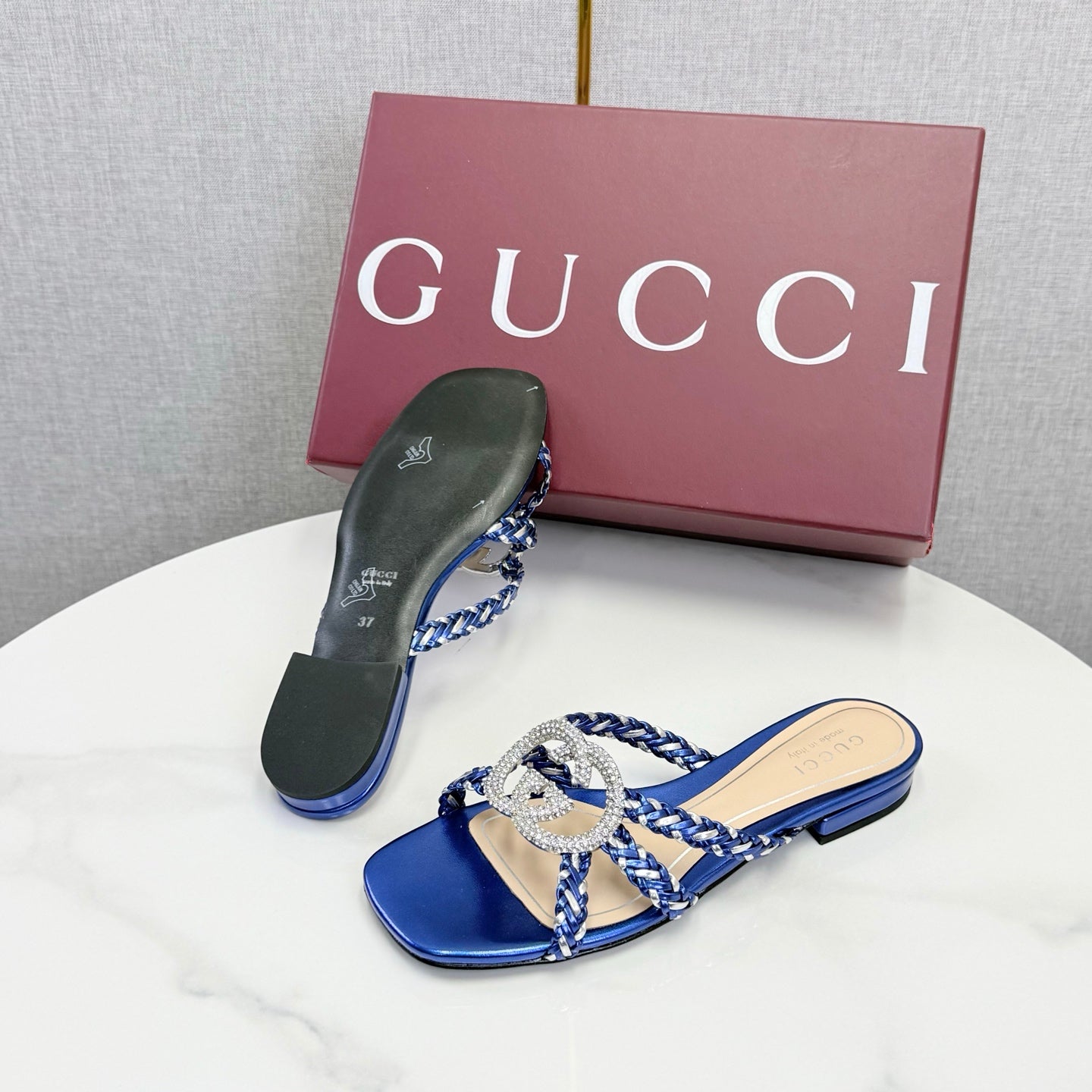 GG 26s Slippers With Crystal Interlocking G Dark Blue Leather 639932
