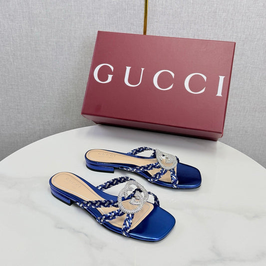 GG 26s Slippers With Crystal Interlocking G Dark Blue Leather 639932