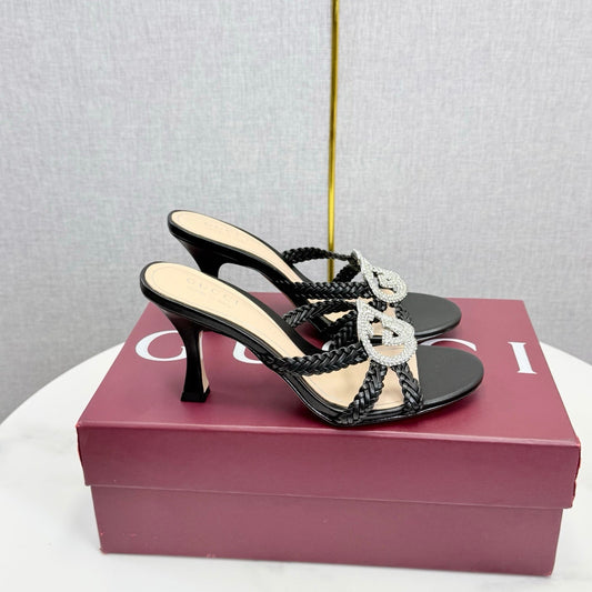 GG 26s Sandals 6.5cm With Crystal Interlocking G Black Leather 639948