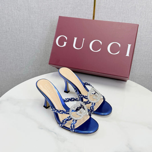 GG 26s Sandals 6.5cm With Crystal Interlocking G Dark Blue Leather 639950
