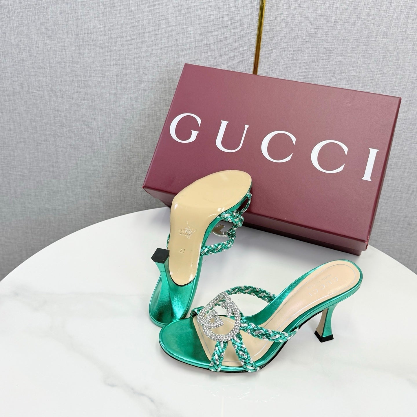 GG 26s Sandals 6.5cm With Crystal Interlocking G Teal Green Leather 639951