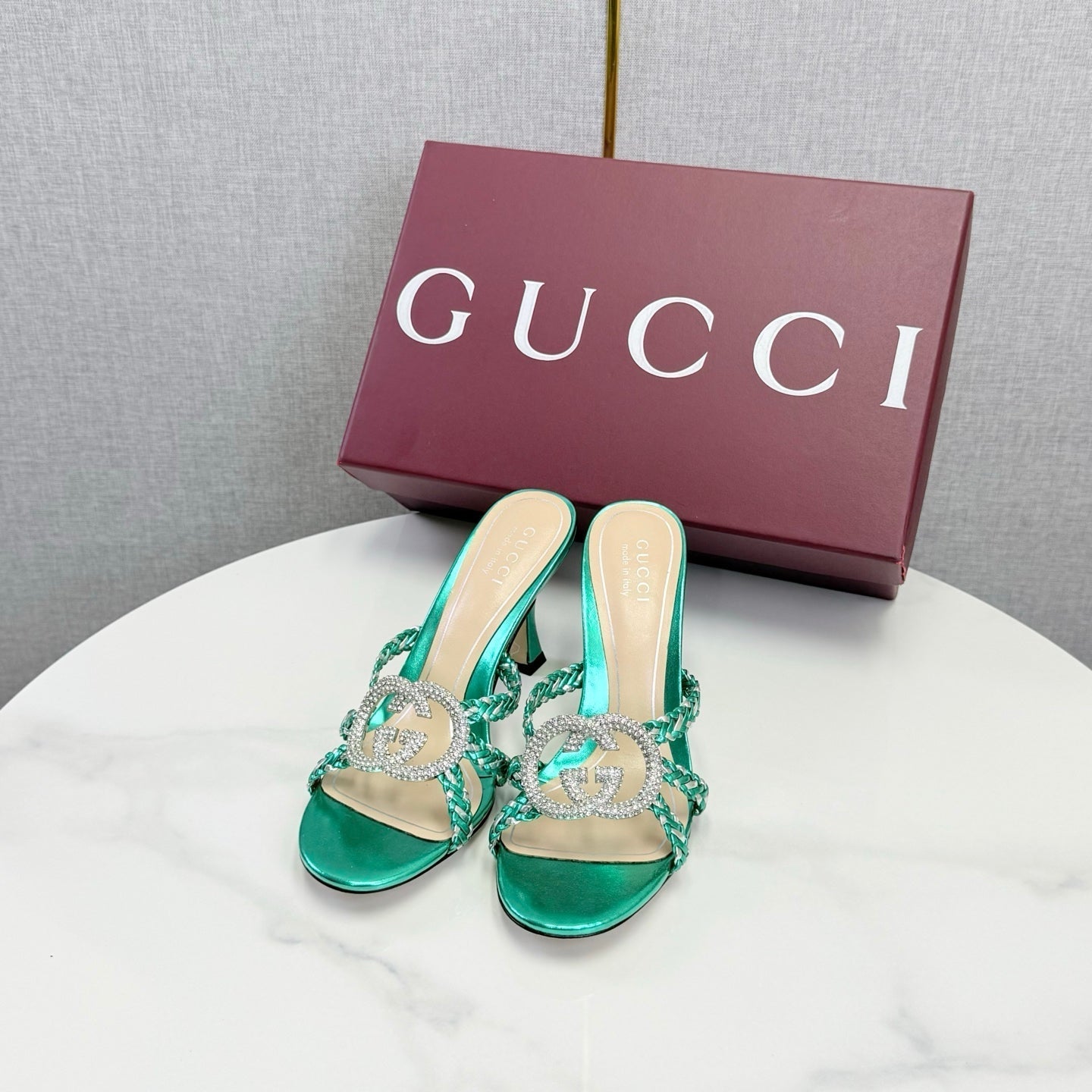 GG 26s Sandals 6.5cm With Crystal Interlocking G Teal Green Leather 639951