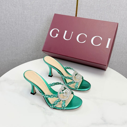 GG 26s Sandals 6.5cm With Crystal Interlocking G Teal Green Leather 639951