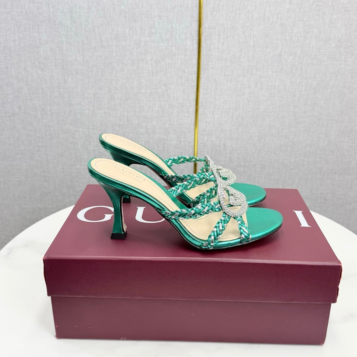GG 26s Sandals 6.5cm With Crystal Interlocking G Teal Green Leather 639951
