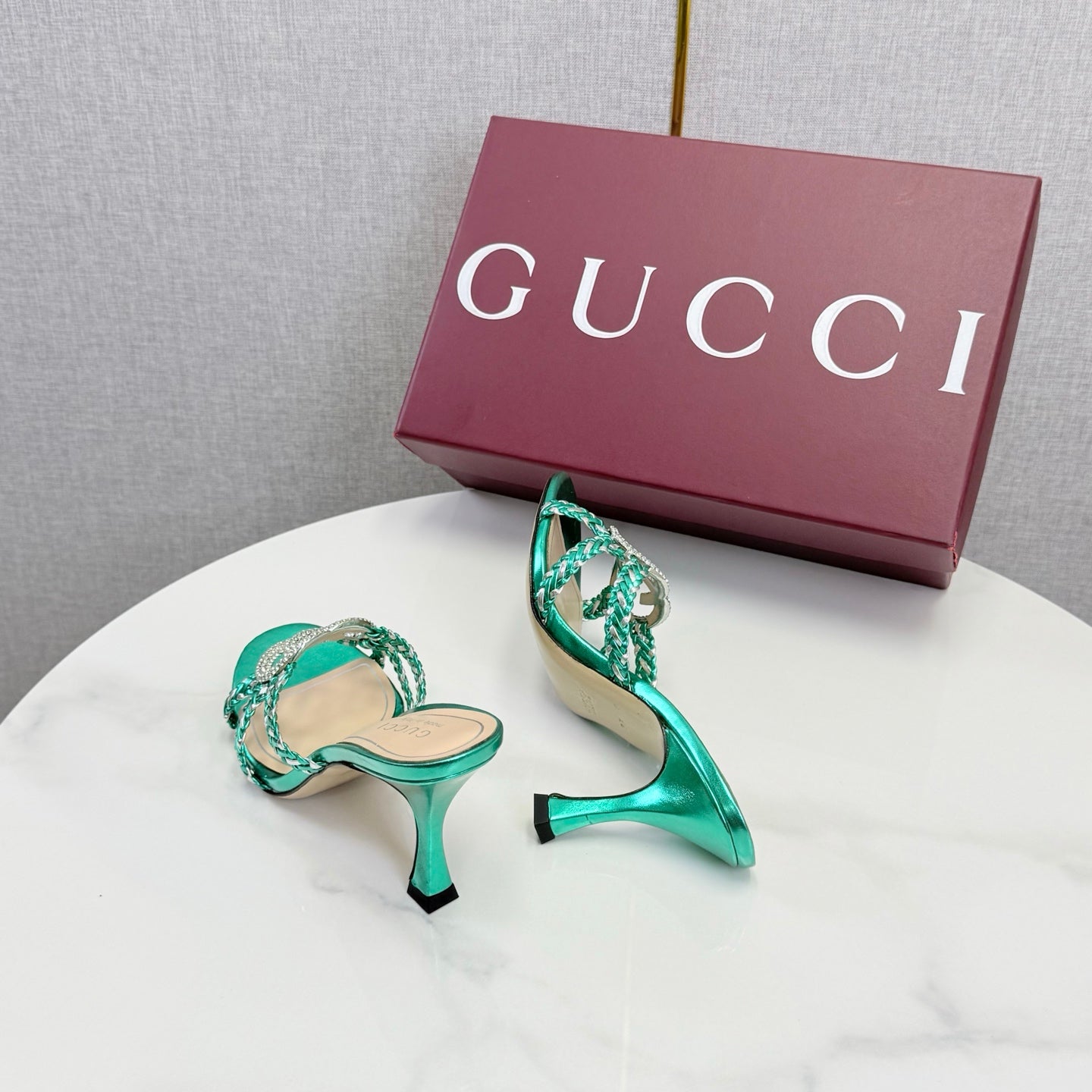 GG 26s Sandals 6.5cm With Crystal Interlocking G Teal Green Leather 639951