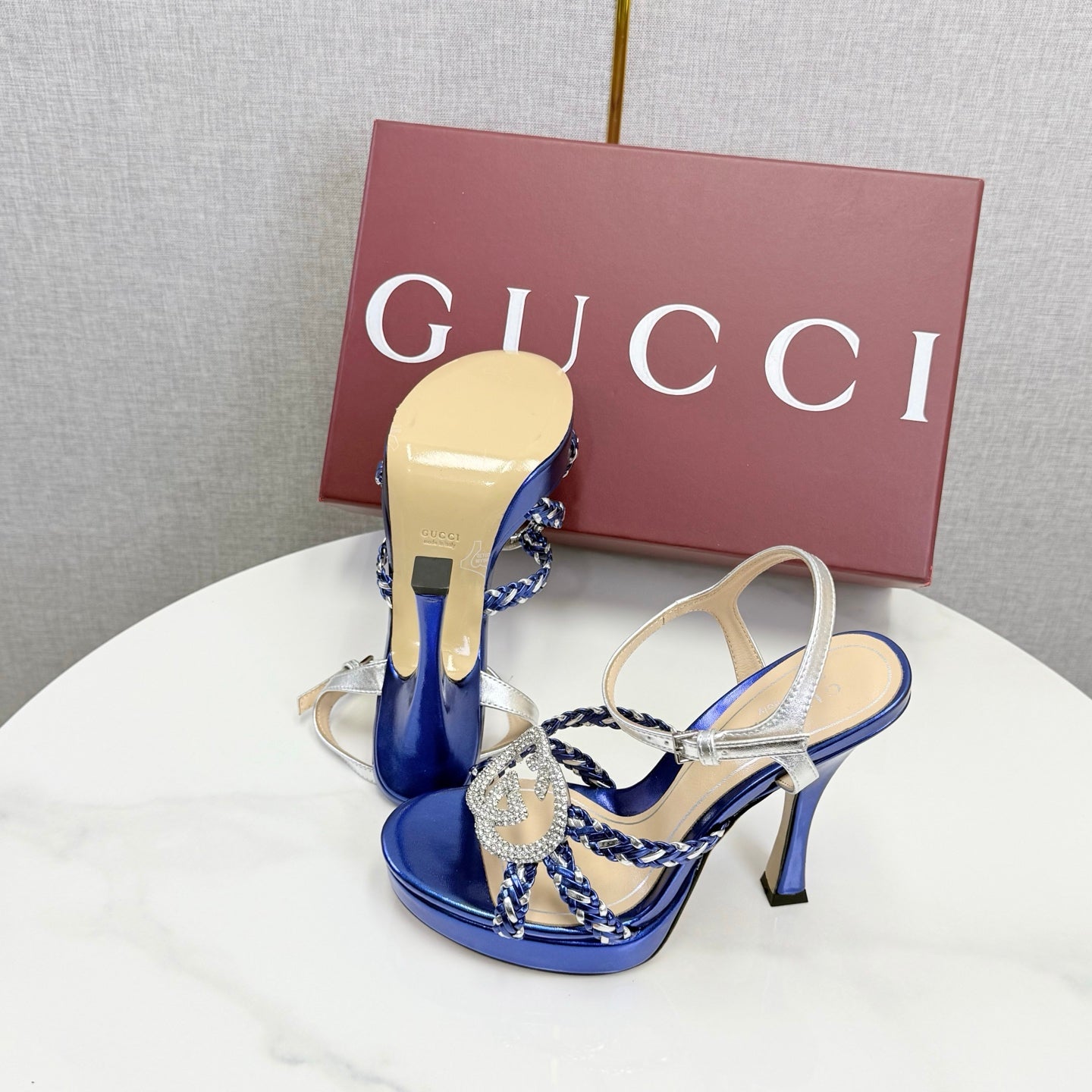 GG 26s Sandals 10.5cm With Crystal Interlocking G Dark Blue Leather 639952
