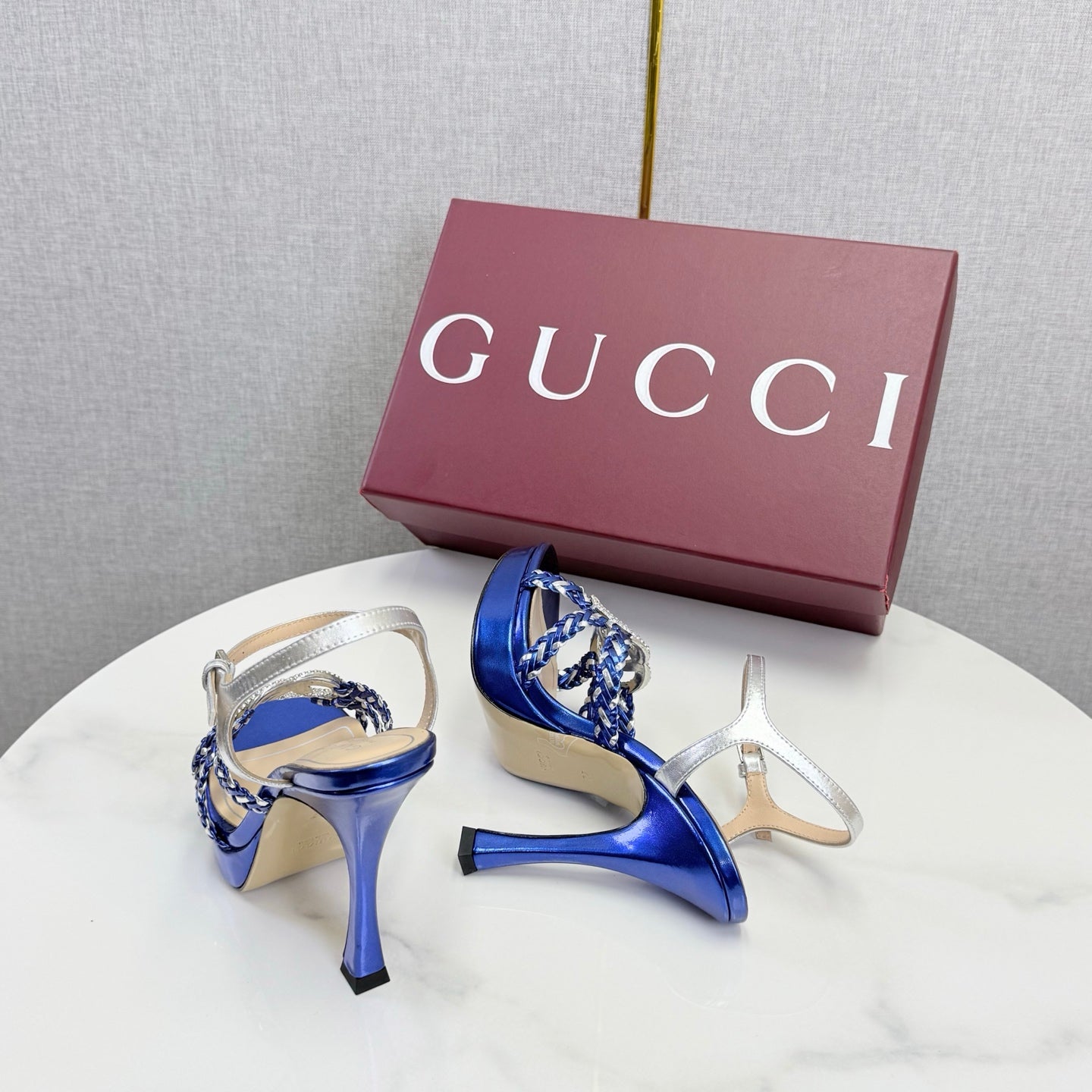 GG 26s Sandals 10.5cm With Crystal Interlocking G Dark Blue Leather 639952