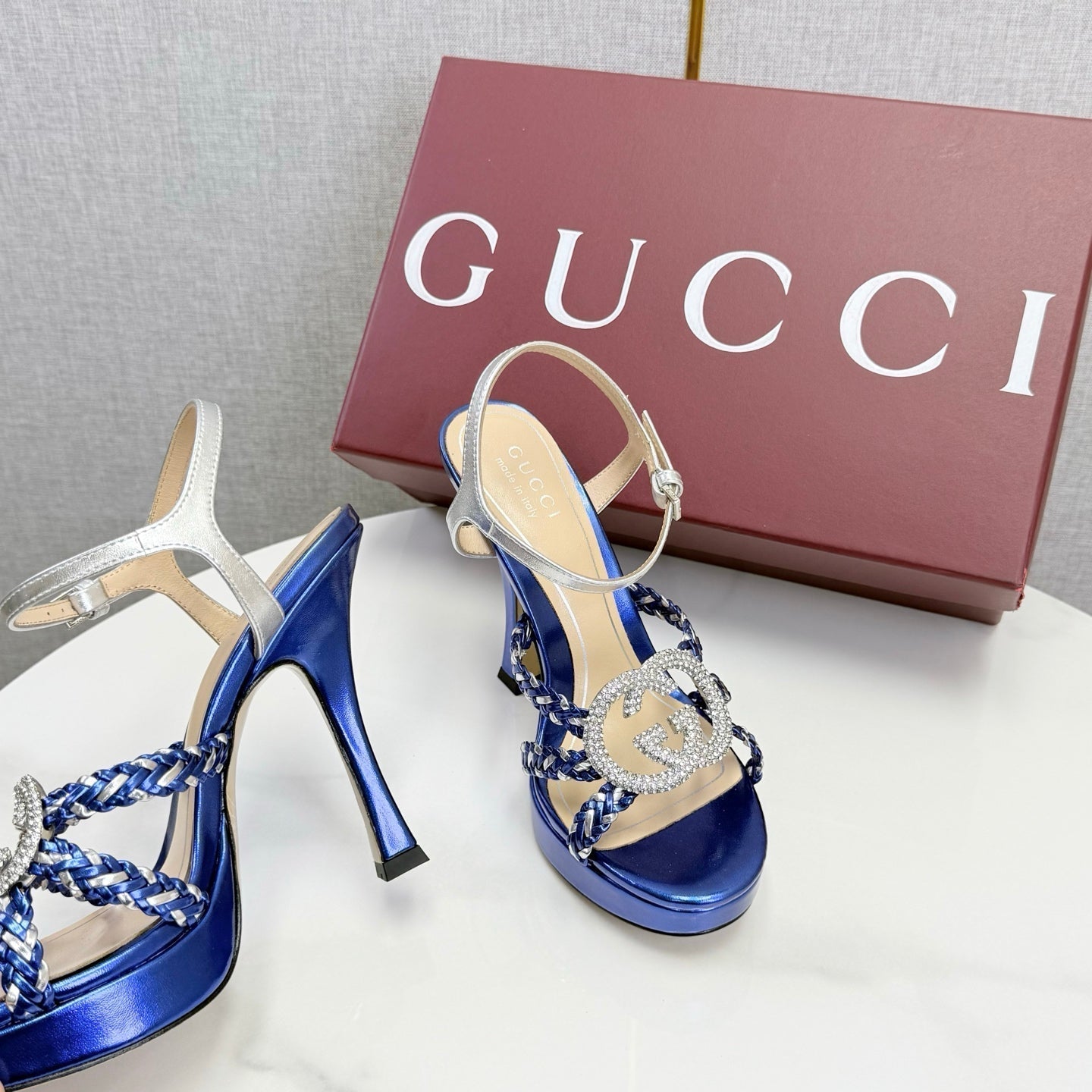 GG 26s Sandals 10.5cm With Crystal Interlocking G Dark Blue Leather 639952