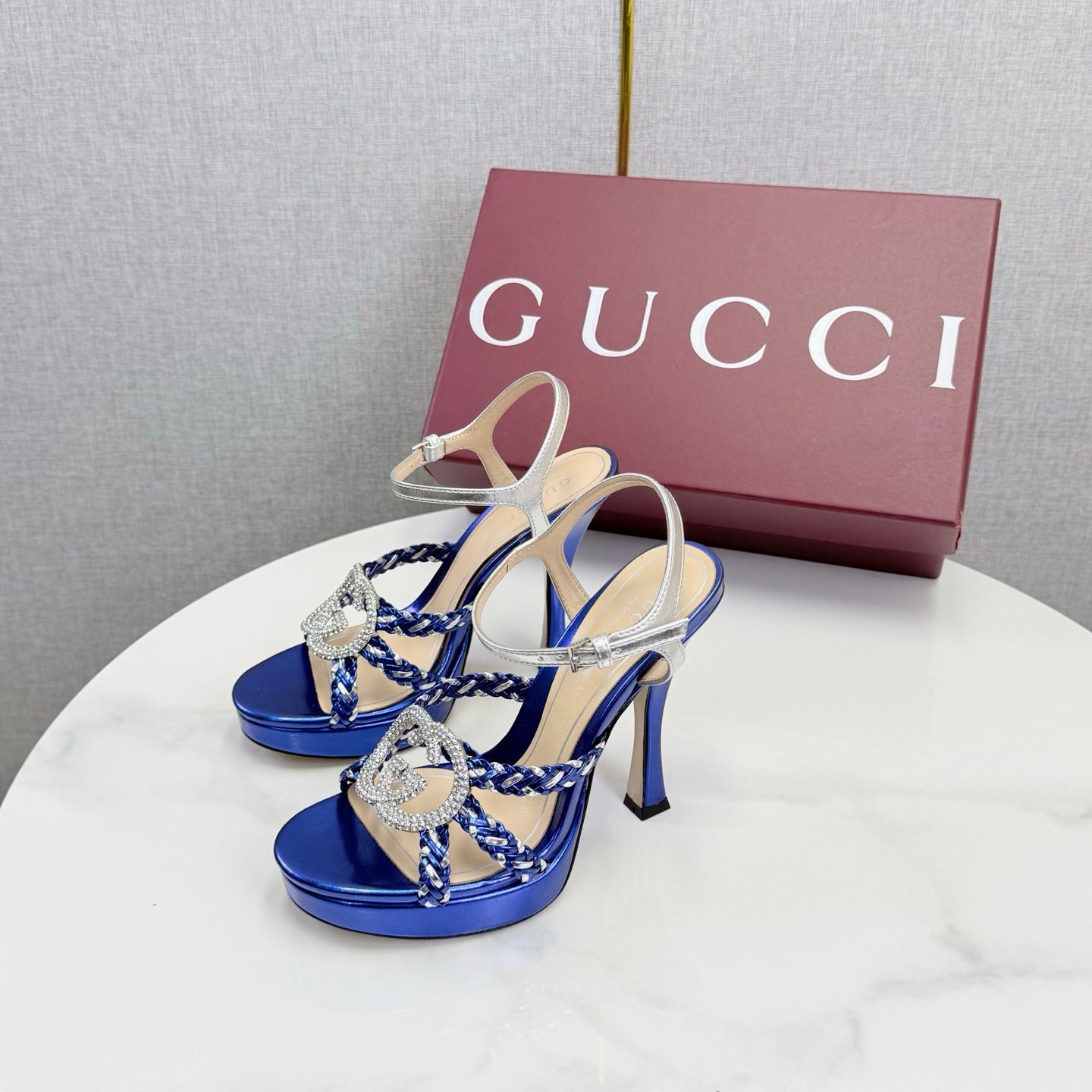 GG 26s Sandals 10.5cm With Crystal Interlocking G Dark Blue Leather 639952