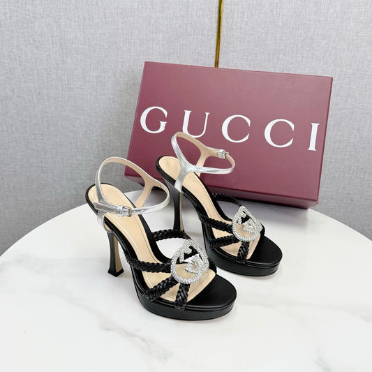 GG 26s Sandals 10.5cm With Crystal Interlocking G Black Leather 639953
