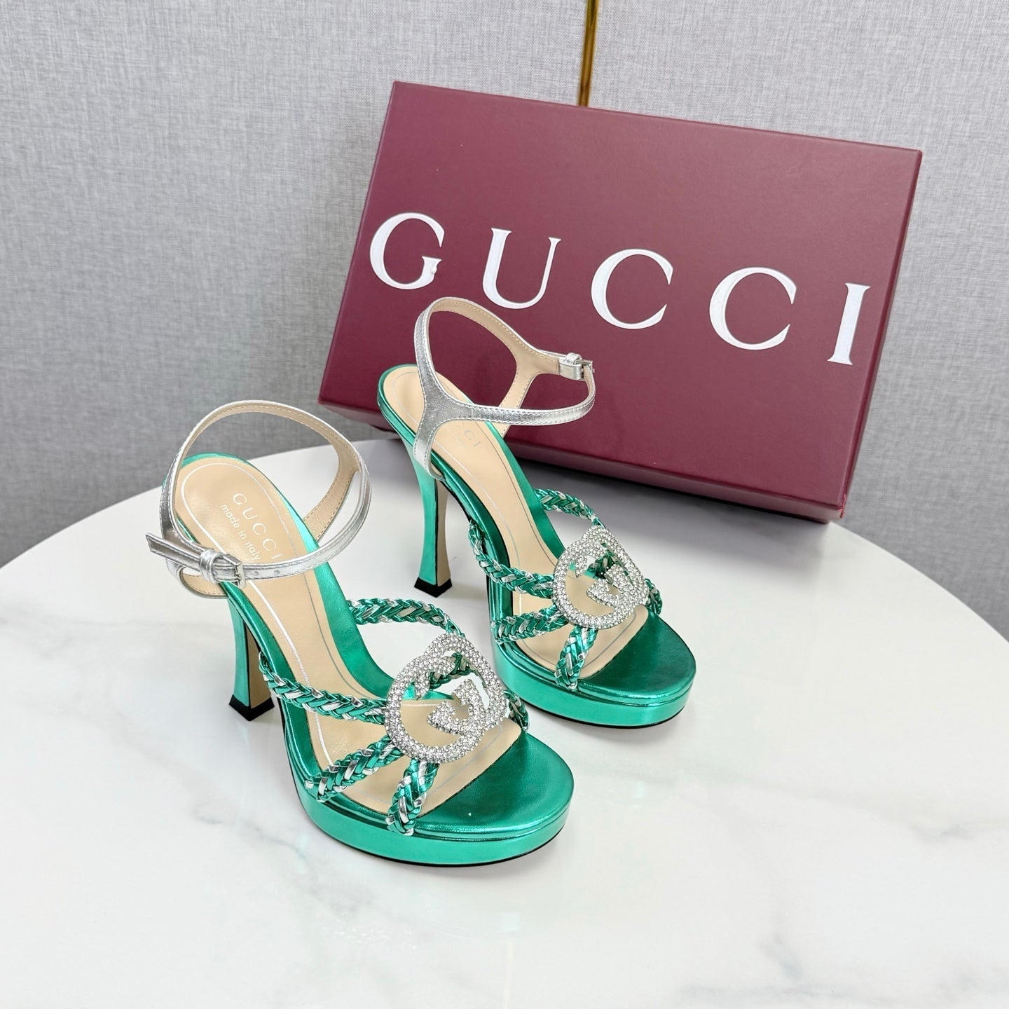 GG 26s Sandals 10.5cm With Crystal Interlocking G Teal Green Leather 639954