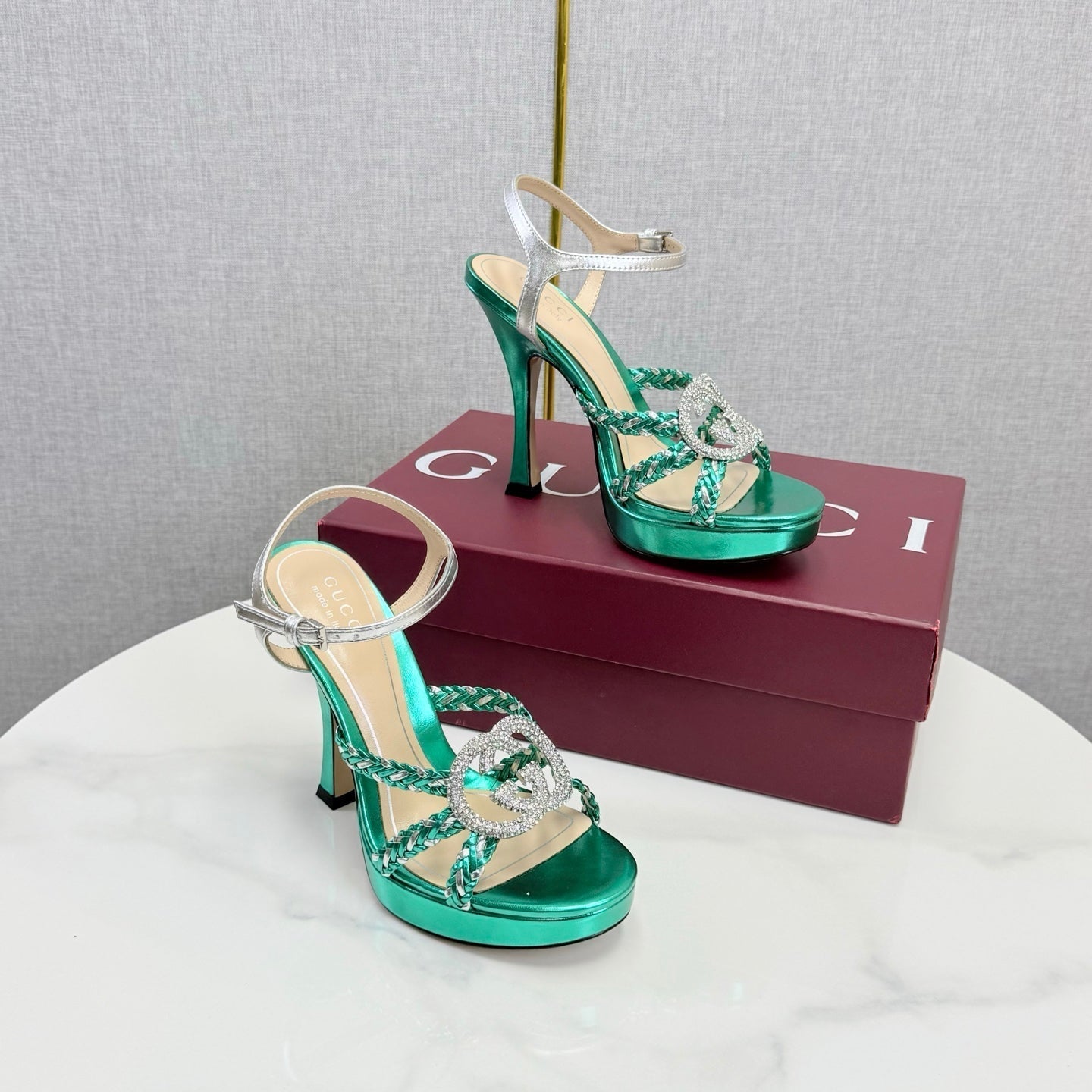 GG 26s Sandals 10.5cm With Crystal Interlocking G Teal Green Leather 639954