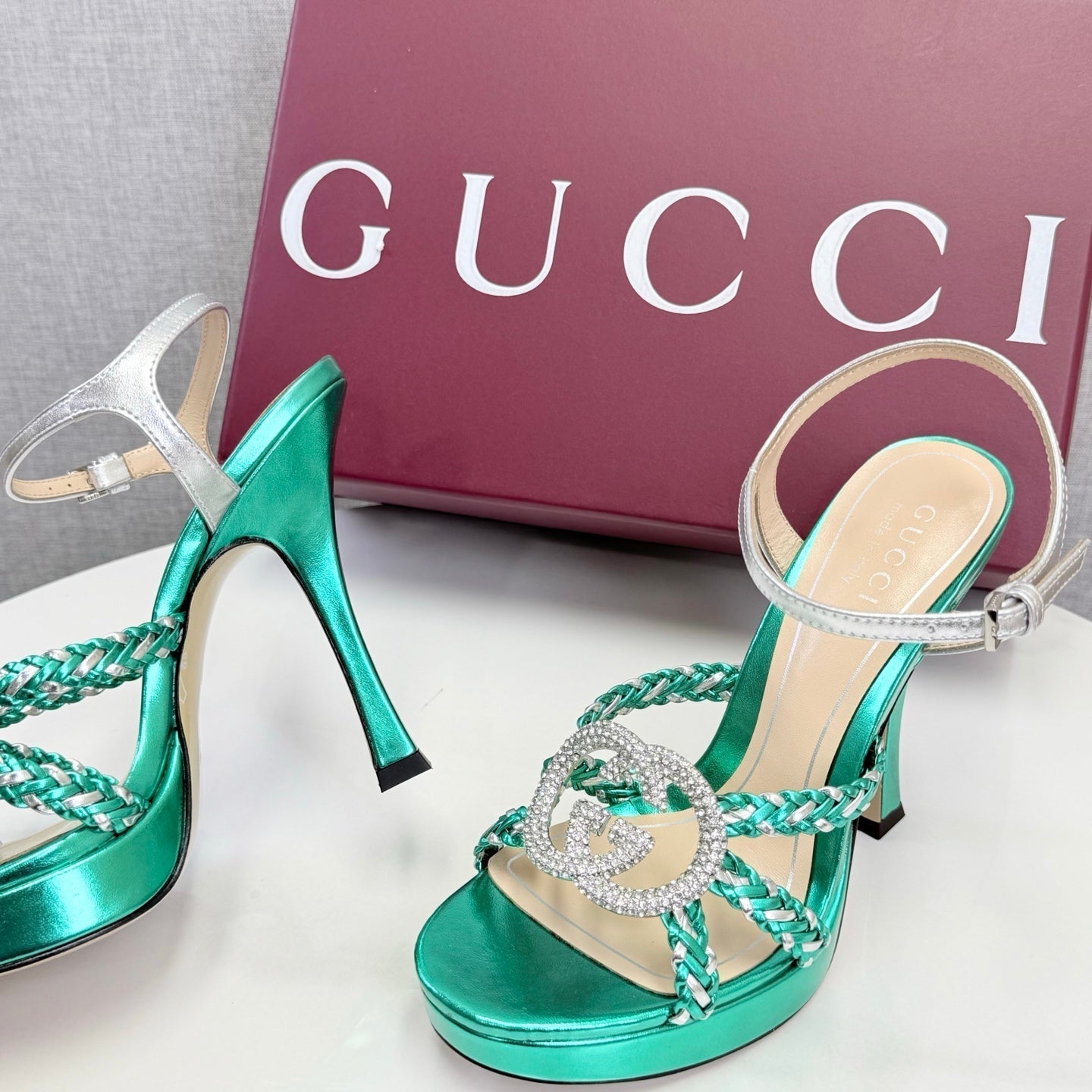 GG 26s Sandals 10.5cm With Crystal Interlocking G Teal Green Leather 639954
