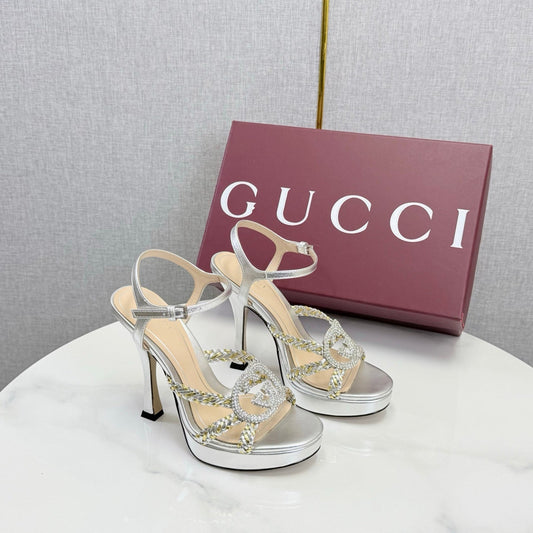 GG 26s Sandals 10.5cm With Crystal Interlocking G Sliver Leather 639955